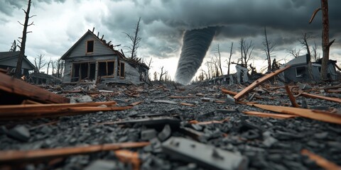 A desolate landscape featuring a tornado looming over a damaged house, surrounded by debris and barren trees under a stormy sky.