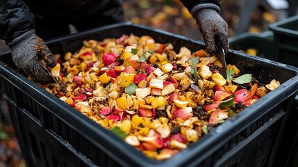 A compost bin filled with colorful fruit and vegetable scraps, promoting sustainable waste management.