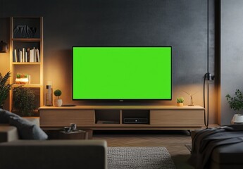 Fototapeta premium Modern Living Room with Spacious TV Displaying Bright Green Screen and Cozy Ambient Lighting 