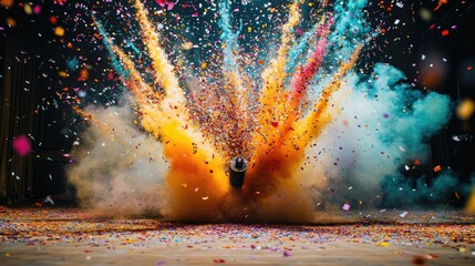 dramatic shot of confetti cannon exploding in party hall filling air with vibrant colors and motion