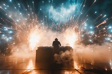 dramatic shot of dj performing on stage with pyrotechnics and laser lights filling background