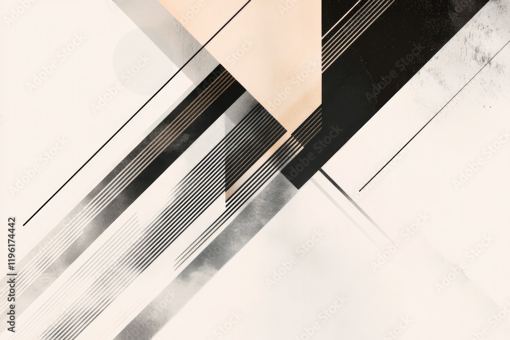 Poster dynamic creative layout with bold intersecting lines and soft gradient effects on neutral backdrop w