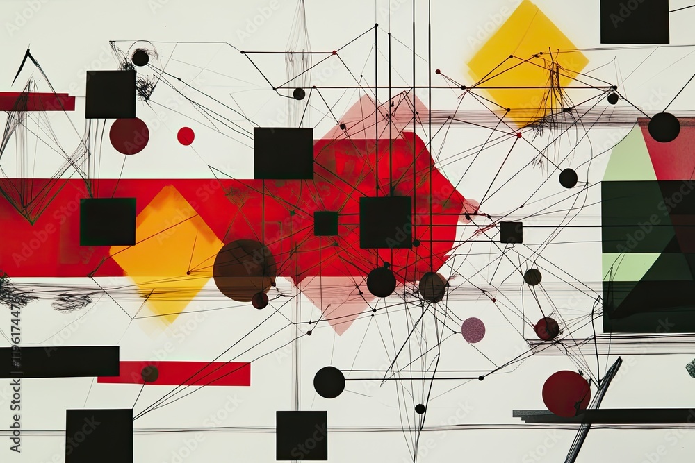 Poster dynamic display of interconnected geometric shapes forming abstract neural network symbolizing thoug