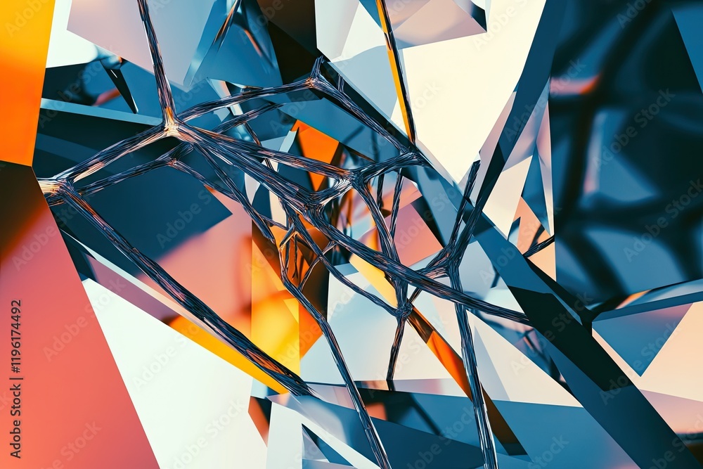 Poster dynamic display of interconnected geometric shapes forming abstract neural network symbolizing thoug