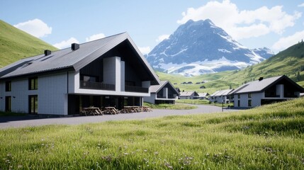 Fototapeta premium Scenic mountain view with modern houses in a lush green landscape.