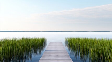 Serene lake view with a wooden dock surrounded by tall grass.