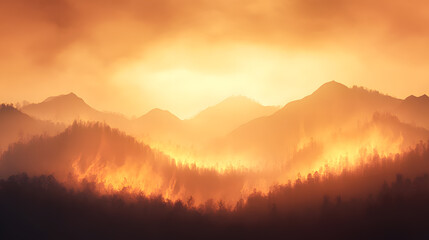 Obraz premium A forest fire ravages a mountainous area, with intense flames and heavy smoke rising into the atmosphere. The wind creates dynamic movements in the fire, pushing flames along the slopes. The dramatic