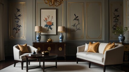 Refined Chinoiserie living space with Asian-inspired decor and elegant furnishings
