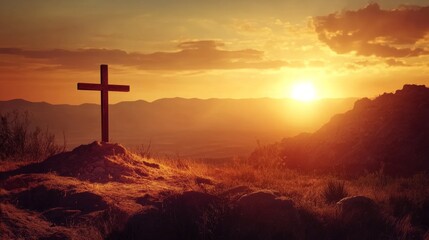 Empty Tomb With Crucifixion At Sunrise - Resurrection Concept