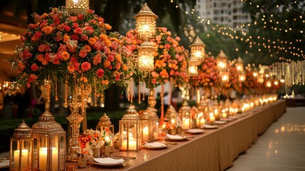 Elegant Outdoor Evening Banquet with Lanterns and Floral Arrangements