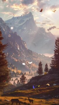 mountain landscape with tranquil image wildlife and fir trees seamless looping overlay 4k virtual video animation background