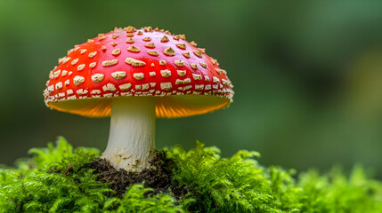 Fly Agaric Mushroom in Moss, fungus, toadstool, amanita muscaria, red mushroom, white spots