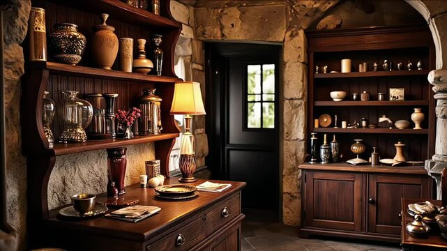 Cozy antique potion shop filled with bottles, jars, lamps, and mystic items, evoking a magical atmosphere