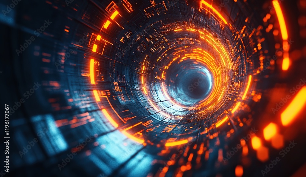 Poster exploring futuristic tunnel: digital vortex of light and technology, abstract sci-fi design with glo