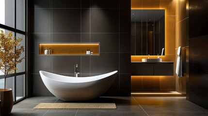 Modern bathroom featuring a freestanding tub and ambient lighting.
