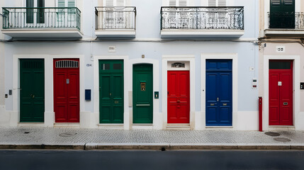 Colorful Doors of a European Building, red doors, green doors, blue doors, building facade, european architecture
