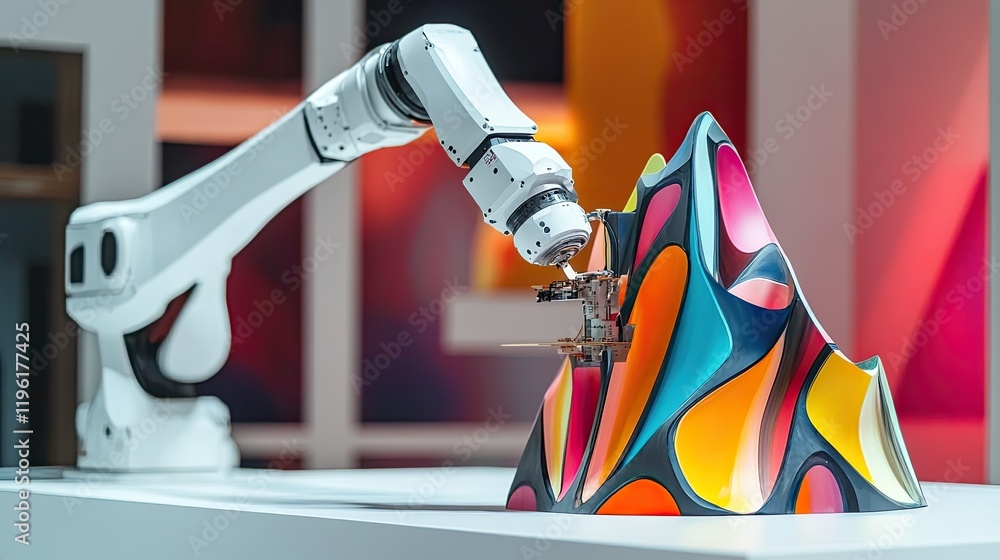 Poster robotic arm assembling colorful abstract sculpture showcasing fusion of art and technology