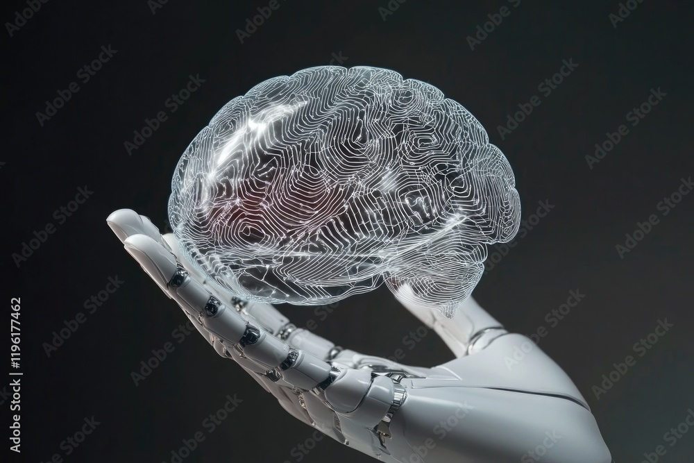 Poster robotic hand holding holographic brain with intricate digital patterns symbolizing artificial intell