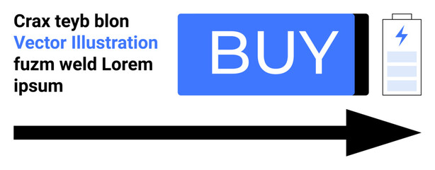 Blue BUY button, battery with lightning bolt, text elements. Ideal for e-commerce, call to action, modern design, tech themes, online shopping, user interface, digital marketing. Landing page