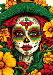 A woman with a green hat and a green and yellow flower on her head. She has a skeleton on her face