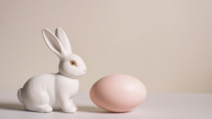 single white ceramic bunny figurine placed beside pale pink easter egg
