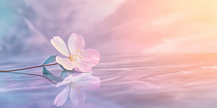 single wildflower lying on reflective marble surface with soft pastel lighting