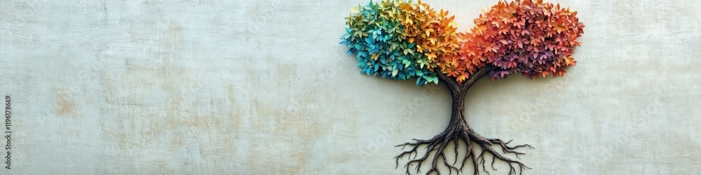 Poster symbolic image of tree with leaves in diverse colors with roots forming shape of heart on smooth mat