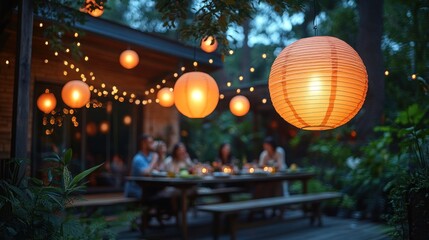 Evening Garden Gathering with Lanterns - Serene Outdoor Dinner Party