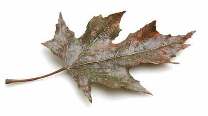 Naklejka premium Single Dried Maple Leaf on White Background, autumn leaf, fall leaf, dried leaf, single leaf, brown leaf