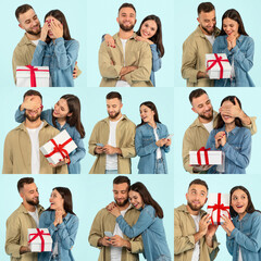 This cheerful couple shares joyful moments together, exchanging gifts on Valentine's Day.