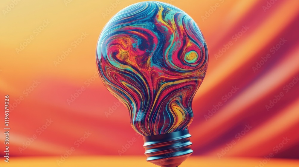 Poster vibrant image of lightbulb composed entirely of swirling abstract patterns symbolizing emergence of 