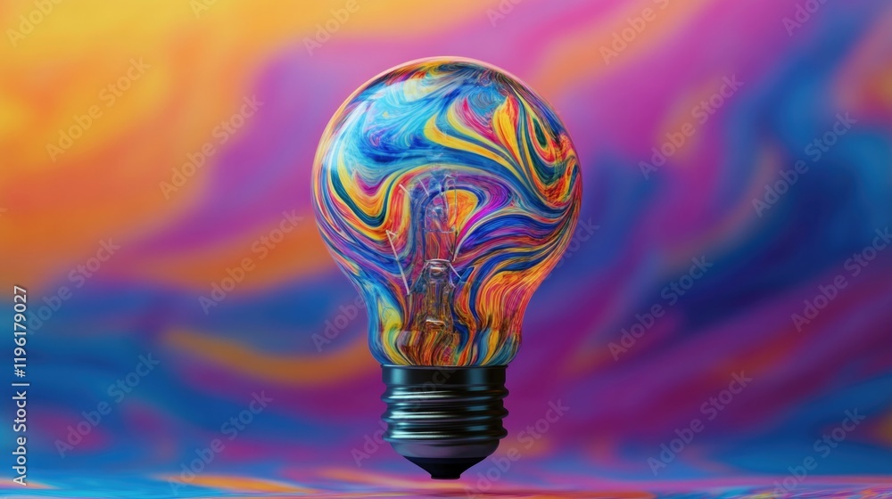 Poster vibrant image of lightbulb composed entirely of swirling abstract patterns symbolizing emergence of 