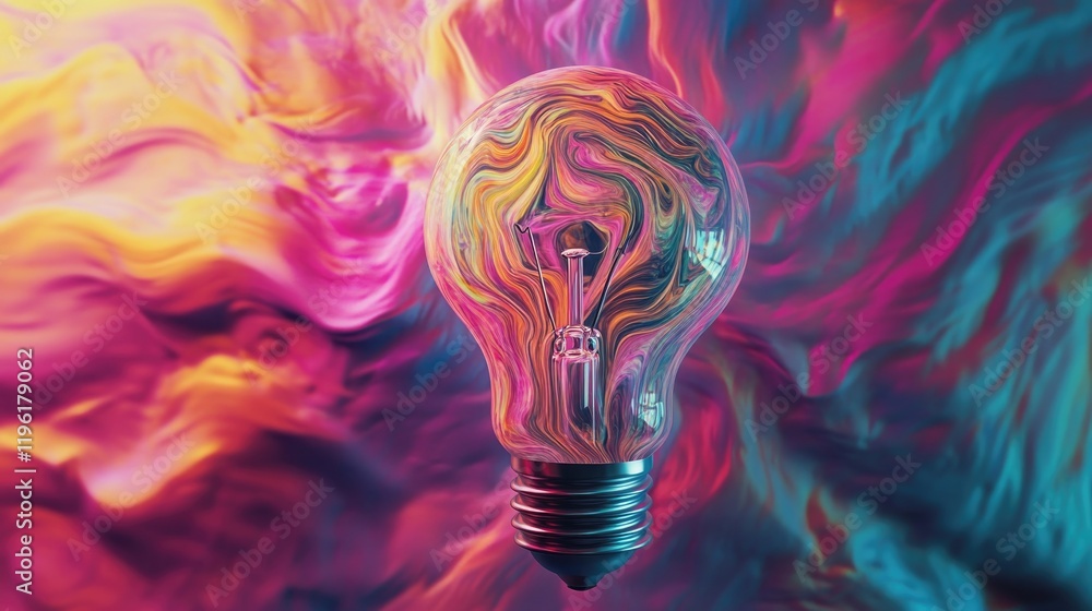 Poster vibrant image of lightbulb composed entirely of swirling abstract patterns symbolizing emergence of 