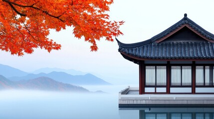 Fototapeta premium Autumn Mist Over Mountains and Pavilion