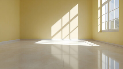 Obraz premium Sunlit Empty Room Corner with Beige Walls and Marble Floor, sunlight, sunbeams, window light, interior, design