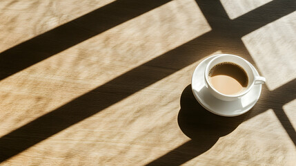 Cup of Coffee in Sunlight, coffee cup, saucer, shadows, wooden table, morning