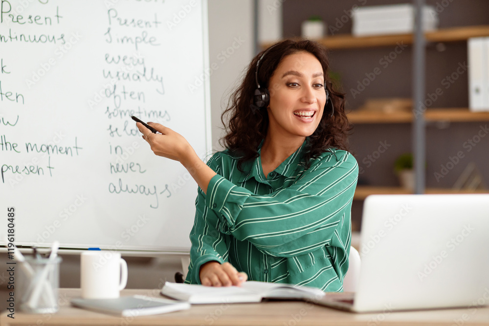 Poster modern distance learning. smiling english teacher making video conference chat with students using p