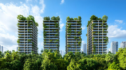 Four Eco-Friendly Green Towers in Lush Tropical Landscape, green building, sustainable architecture, skyscraper, high-rise building, apartment building
