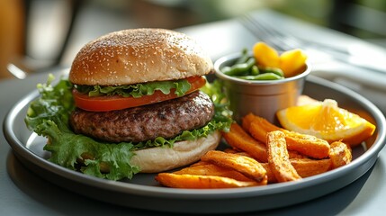 Close-up of a juicy burger with lettuce, tomato, and a thick patty, served with sweet potato fries and a side of green beans.