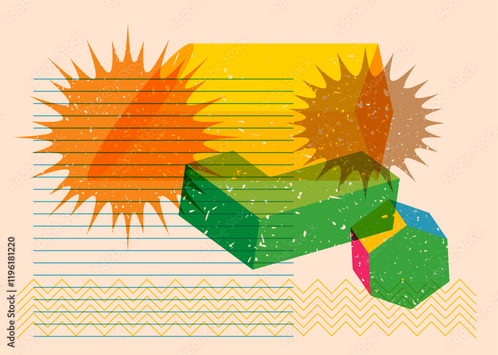 Poster colorful geometric shapes. object in trendy riso graph design. geometry elements abstract risograph 