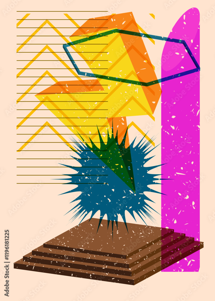Poster colorful geometric shapes. object in trendy riso graph design. geometry elements abstract risograph 