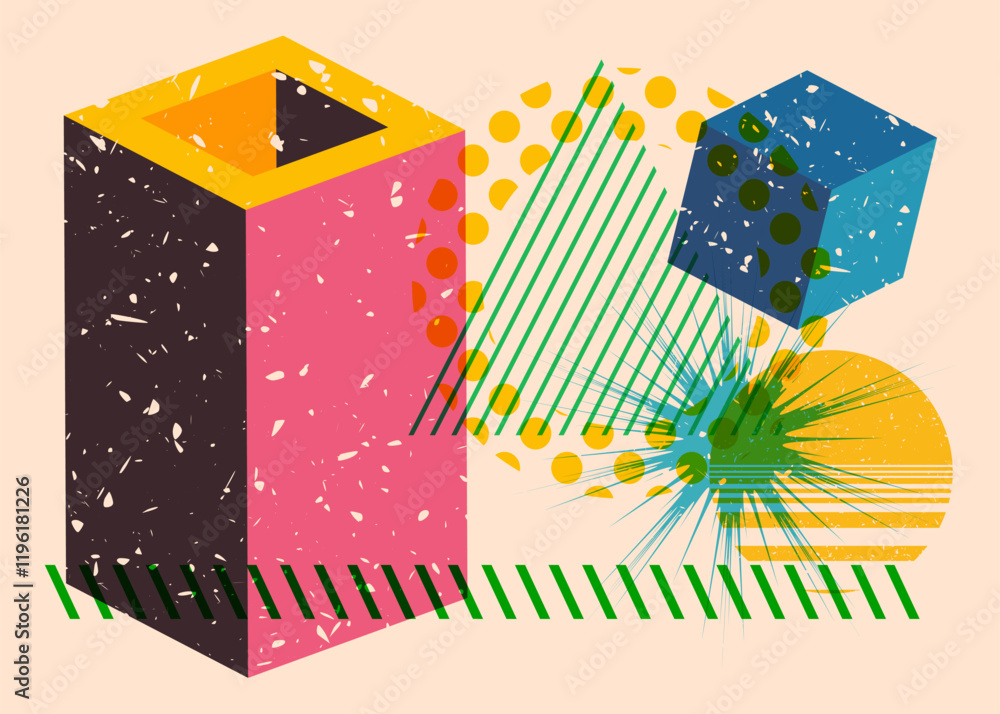 Poster colorful geometric shapes. object in trendy riso graph design. geometry elements abstract risograph 