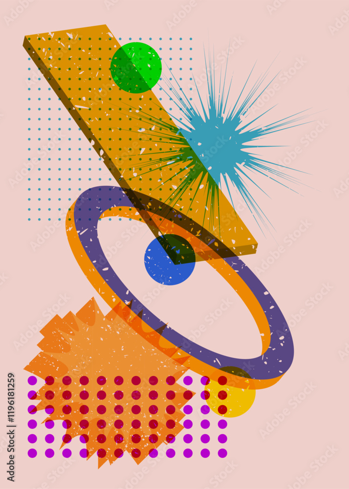 Poster colorful geometric shapes. object in trendy riso graph design. geometry elements abstract risograph 