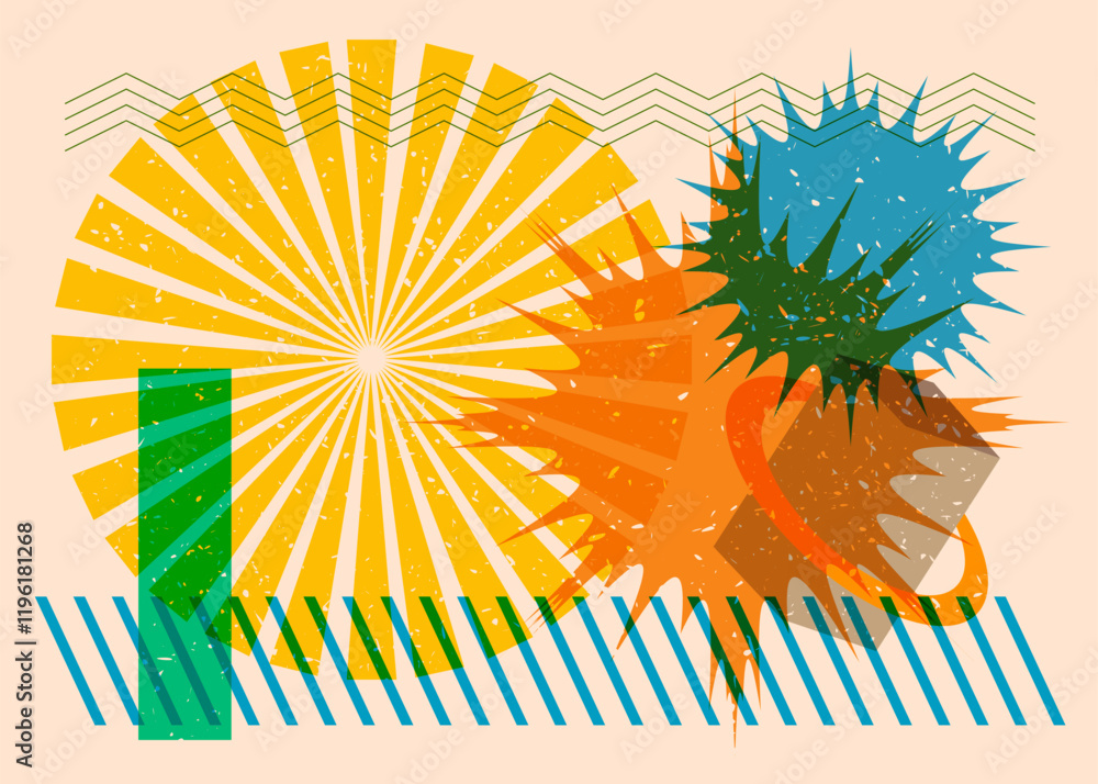 Poster colorful geometric shapes. object in trendy riso graph design. geometry elements abstract risograph 