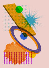 Colorful geometric shapes. Object in trendy riso graph design. Geometry elements abstract risograph print texture style.