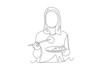 Woman eating nian gao. Nian gao concept one-line drawing