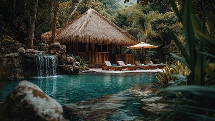 Jungle Oasis: Tranquil Waterfall Poolside Escape with Luxurious Loungers near Lush Greenery