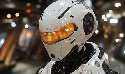 Fototapeta premium Futuristic white robot helmet close-up.