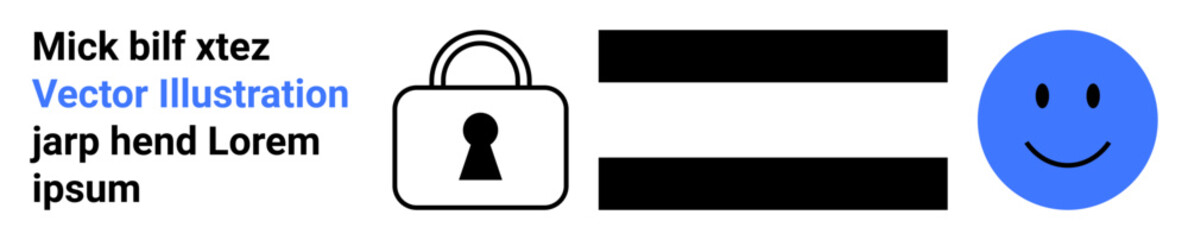 Padlock icon next to happy face separated by two horizontal lines. Ideal for security, privacy, user experience, accessibility, design, online safety, digital interactions topics. Landing page
