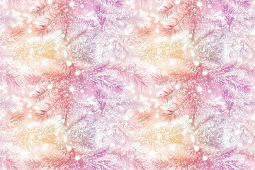 Fototapeta premium A colorful pattern of snowflakes and pine trees. The snowflakes are pink and white, and the pine trees are also pink and white. Scene is cheerful and festive